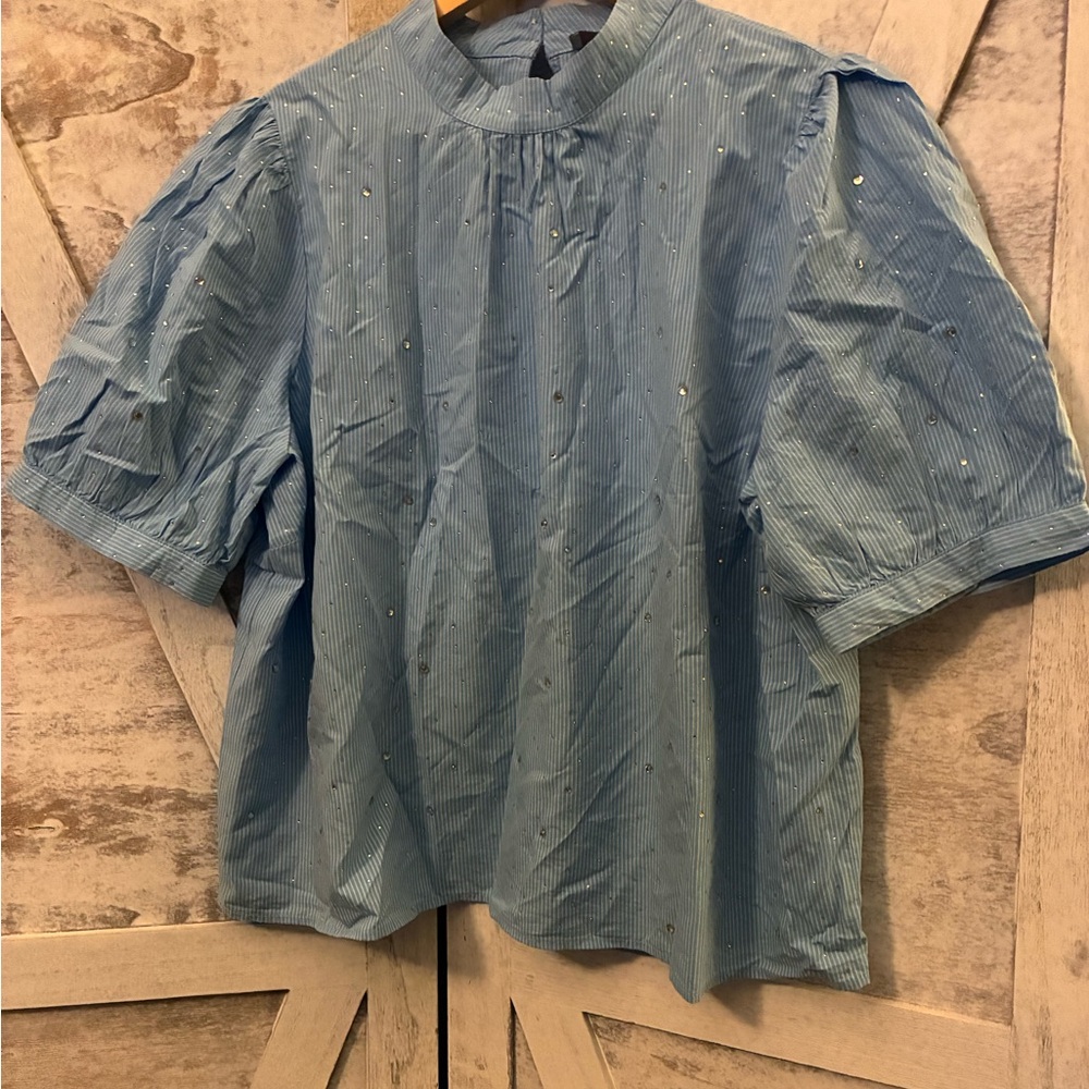 LOFT Blue Striped Blouse with Embellishments